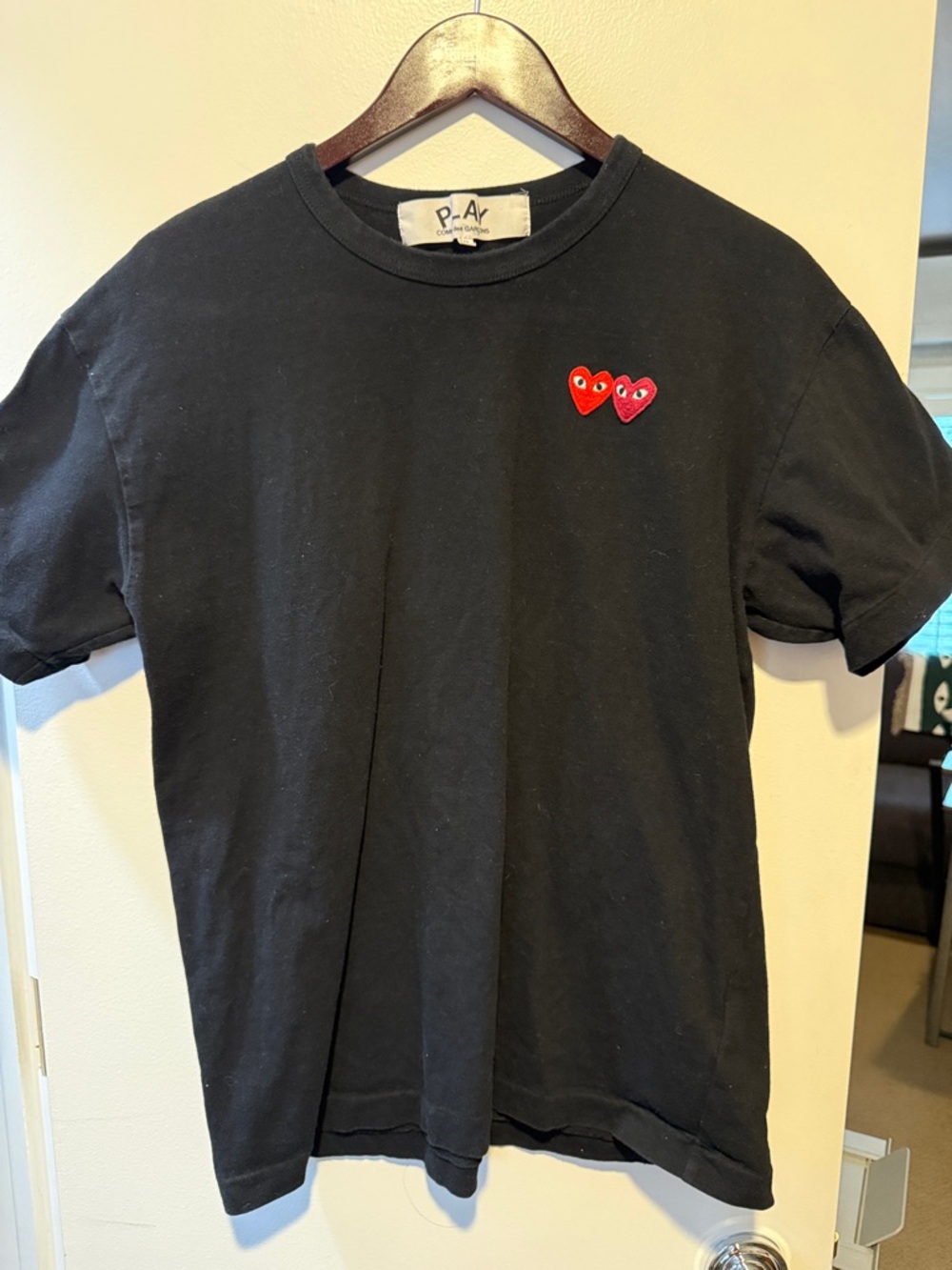 Comme des Garçons Black Short Sleeve Tee with Twin Red Heart Patch
